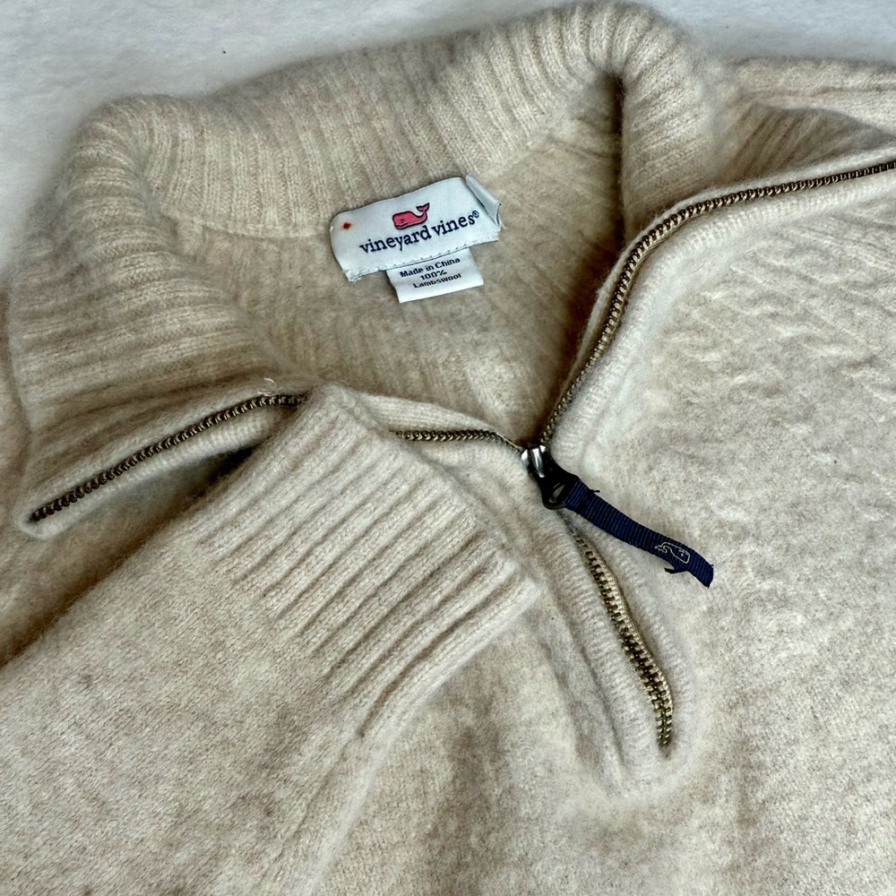 Vineyard Vines Lambswool 1/4 Zip Mock Neck Pullover Sweater Beige Women’s M